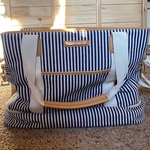 Poppy and Peonies Voyager Travel Bag- navy and cream stripes with gold accents